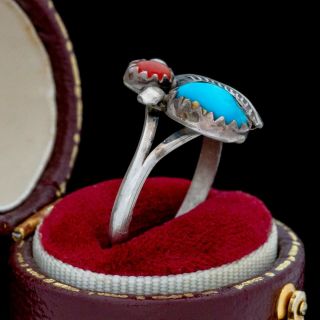 Antique Vintage Native Navajo Sterling Silver Turquoise Red Coral Ring Sz 6.  75