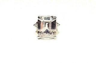Vintage Jewelry - Giant White Emerald Cut Rhinestone Silver Pl Estate Ring Sz 8