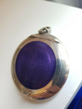 Antique Silver Guilloche Purple Enamel Chatelaine Pendant Compact Necklace D&f