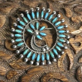 Vintage Old Pawn Sterling Silver Petit Needle Point Flower Turquoise Brooch