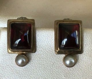 Vintage 925 Sterling Silver Gold Wash Garnet Cabochon And Pearl Post Earrings