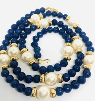 Long Lapis Lazuli Beaded Necklace Sterling Silver Faux Pearls Vintage Jewelry