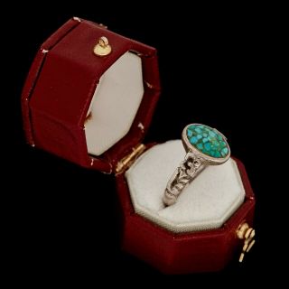 Antique Vintage Sterling 925 Silver Native Zuni Inlay Turquoise Chip Ring S 5.  75
