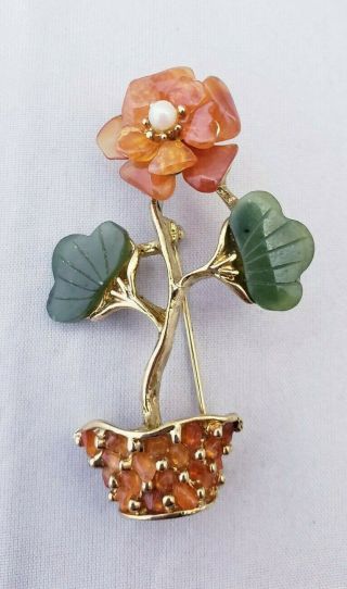 Rare Vintage Signed Swoboda Brooch Pin Carved Jade Coral Pearl Potted Flower