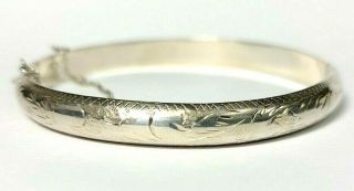 Vintage Sterling Silver Floral Etched Hinged Bangle Bracelet