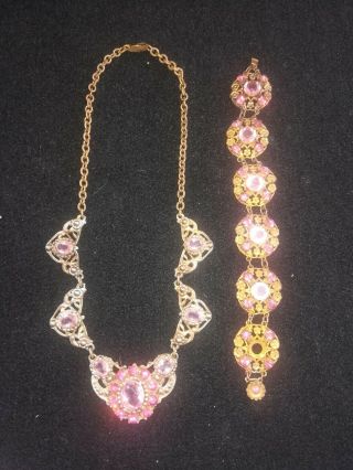 Vintage Art Deco Brass Filigree Necklace W/ Pink Czech Glass & Bracelet