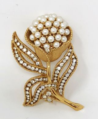 Vintage Crown Trifari Gold Tone Faux Pearl Rhinestone Flower Brooch Pin