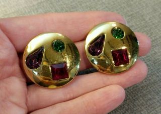 Vintage Givenchy 1979 Runway Style Clip Earrings Red,  Green,  Purple Crystals
