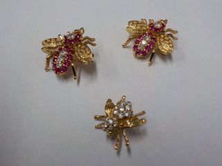 3 Vintage Jeweled Gold Over Sterling Silver Fly Insect Pins W/ Red& White Stone