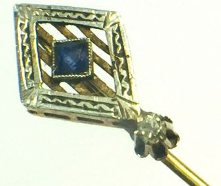 14k Two Color Gold Blue Sapphire Diamond Filigree Hat/scarf Pin.  2 3/8 " 1.  7gm