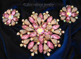 Judy Lee Unsigned Large Pink Art Glass Rhinestone Flower Pin Brooch Earrings Set
