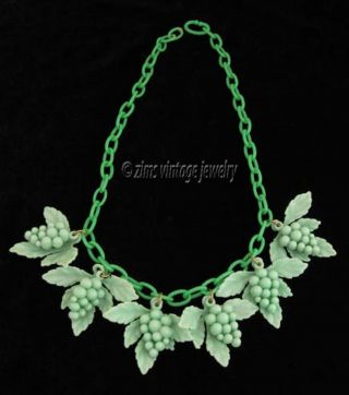 Vintage Old 1940’s Green Celluloid Grapes Leaves Fruit Leaf Charm Chain Necklace