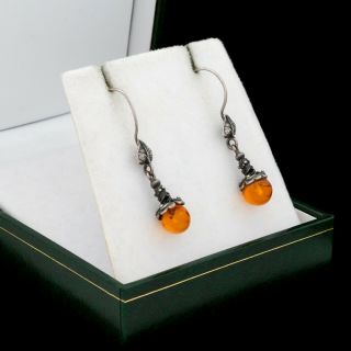 Antique Vintage Deco 925 Sterling Silver Baltic Amber Floral Dangle Earrings 3g