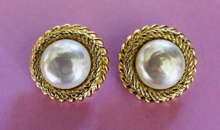 Vintage Christian Dior Pearl Gold Tone Clip On Earrings