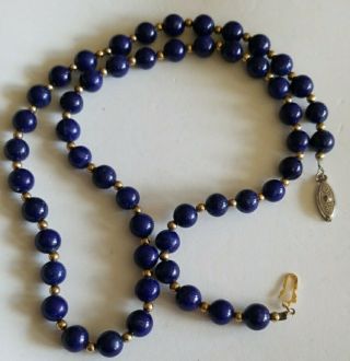 Vintage Lapis Lazuli Gold Tone Bead Necklace 22”