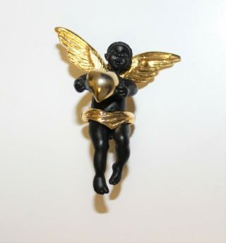 Coreen Simpson Vintage Black Gold Angel Cherub - Heart & Wings Marked Pin Brooch