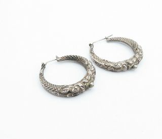 925 Sterling Silver - Vintage Sculpted Floral Pattern Hoop Earrings - E8971 2