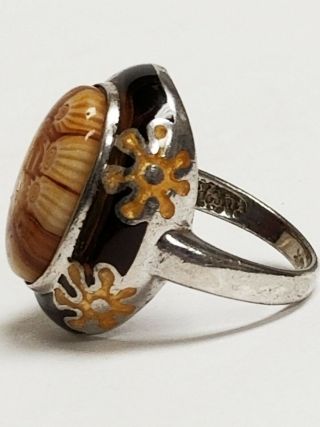 Vintage Alan K 925 Sterling Silver Amber Resin Millefiori Glass Ring US Size 7 2