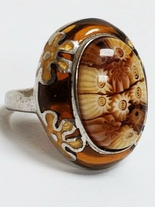 Vintage Alan K 925 Sterling Silver Amber Resin Millefiori Glass Ring US Size 7 3