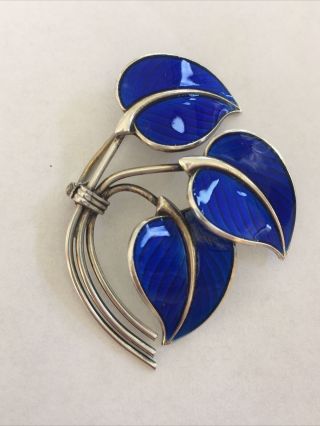 Vintage Norway Sterling Silver 925s Blue Enamel - 3 Leaf Guilloche Pin Brooch
