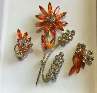 Juliana D&e Rhinestone Flower Brooch Earring Set Amber Navettes Figures 8’s