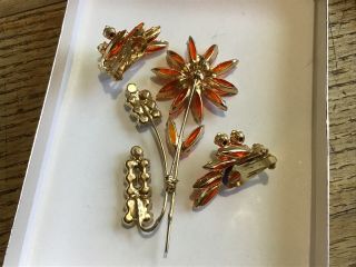Juliana D&E Rhinestone Flower Brooch Earring Set Amber Navettes Figures 8’s 2