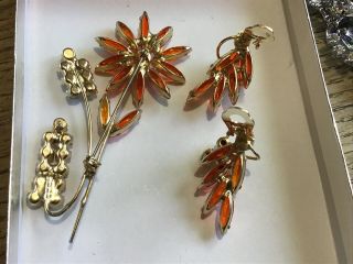 Juliana D&E Rhinestone Flower Brooch Earring Set Amber Navettes Figures 8’s 3