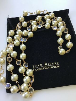 Joan Rivers Signed Crystal & Faux Pearl Opera Length Necklace 28”