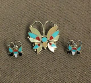 Handmade Sterling Silver And Inlaid Gemstone Butterfly Brooch Pin And Earrings