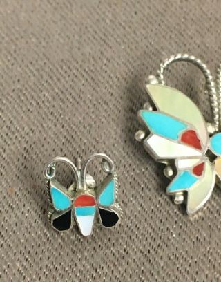 Handmade Sterling Silver and Inlaid Gemstone Butterfly Brooch Pin and Earrings 2