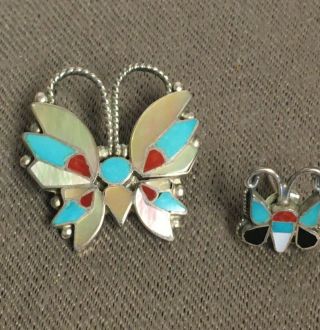 Handmade Sterling Silver and Inlaid Gemstone Butterfly Brooch Pin and Earrings 3