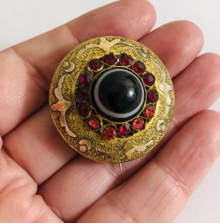 Antique Victorian Gilt Metal Agate Stone Set Target Brooch,  Red Stones,  Heavy