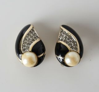 Vintage Panetta Clip On Earrings,  Rhinestones Black Enamel And Faux Pearl C1980