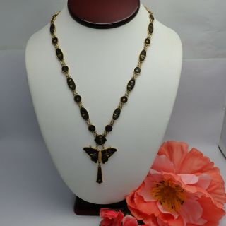 Vintage Damascene Butterfly & Scenery Dangle 18 " 24k Gold Plated Necklace