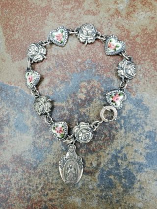 Vintage Italy Sterling Silver Virgin Mary Jesus Pink Enamel Roses Bracelet 925