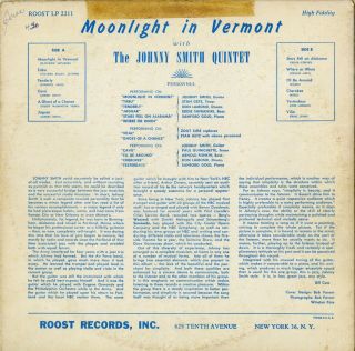 JOHNNY SMITH QUINTET FEATURING STAN GETZ MOONLIGHT IN VERMONT US ROYAL ROOST LP 2