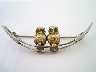 Antique Victorian White And Yellow Metal Double Owl Brooch Green & Red Eyes.