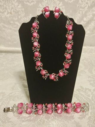 Pink Stone,  Silver Tone Coro Necklace,  Bracelet & Clip On Earring Set