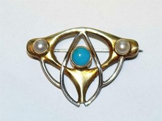 Art Nouveau Sterling Silver Gilt Brooch Pearl Signed 155