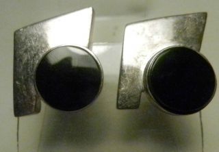 Zina Of Beverly Hills - Signed - Modernist Black Onyx Sterling Silver Clip Earrings