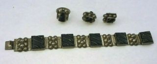 Mexico Sterling Silver Link Bracelet Black Onyx Aztec Face Ring Earring 4pc Set
