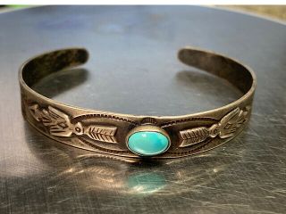 Fred Harvey Era Silver Turquoise Stamped Cuff Bracelet