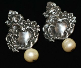 Stunning Vintage T.  Foree Sterling Cherub Tag & Baroque Pearl Clip Earrings