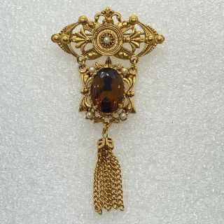 Signed Florenza Vintage Crest Chain Tassel Brooch Pin Amber Glass Rhinestone