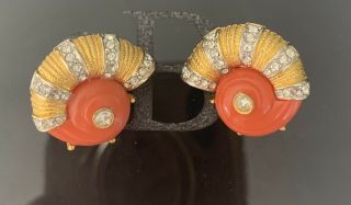 Hattie Carnegie Signed Snail Shell Coral Clip On Runway Earrings