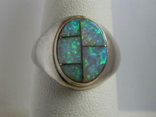 Vintage Navajo " Handmade " 925 Sterling Silver & Oval Inlay Fire Opal Ring Sz 8