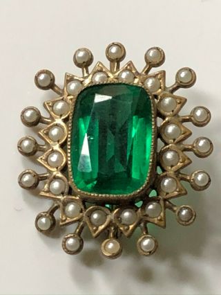 Antique Victorian Gold Metal And Green Glass Stone/seed Pearl Brooch Pin