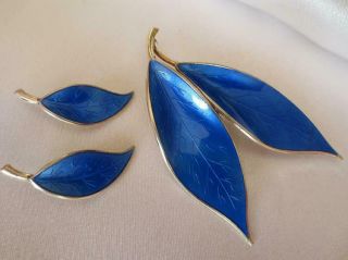 David - Andersen Sterling Silver & Blue Enamel Double Leaf Brooch/earrings 12 - 654