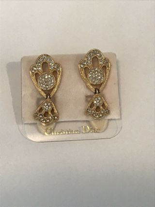 Vintage Christian Dior Signed Clip - On Dangle Earings Gold - Tone And Rhinestone