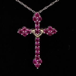 Sterling Silver & 10k Gold - Ruby Cross Pendant 18 " Chain Link Necklace - 4g
